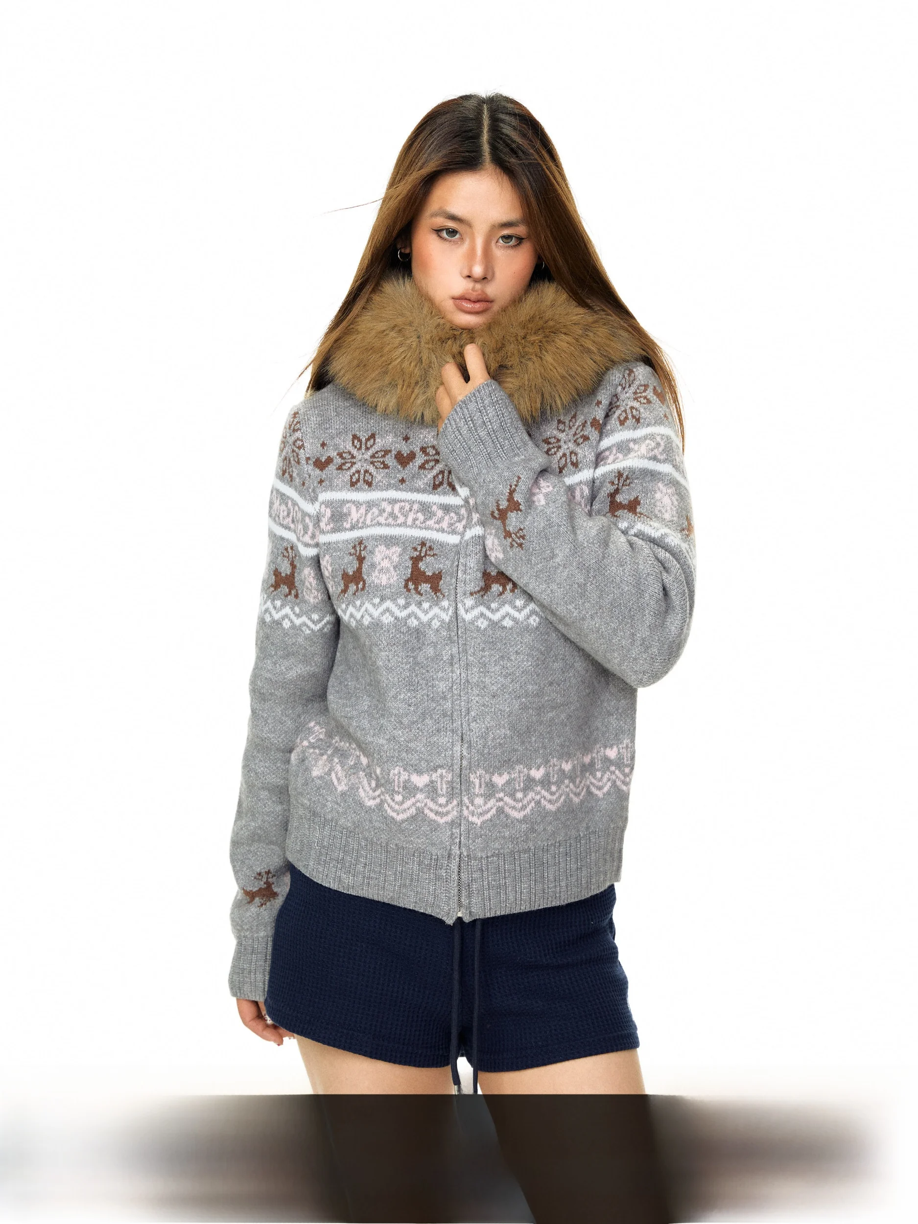 

Blabb Fair Isle Deer Fur Collar Hooded Knitted Open Cardigan Women's Spring American Sweet Cool Lazy Loose Outerwear