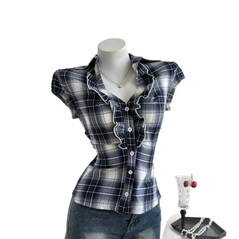 المرأة الصيف الحلو منقوشة قصيرة الأكمام قميص أعلى الخامس الرقبة كشكش وزر الديكور التخسيس النمط الأوروبي أعلى وصول جديد