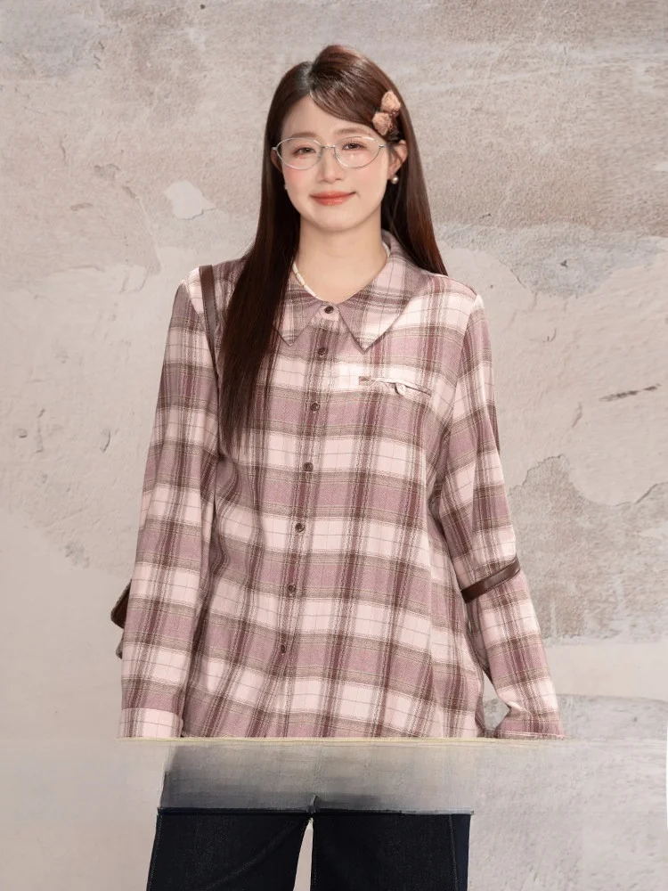 

Heynew plus Size Women's irt Pink Plaid Long Sve Loose Beautiful Inner Wear Sweet Sle Cotton Autumn Winter Faion