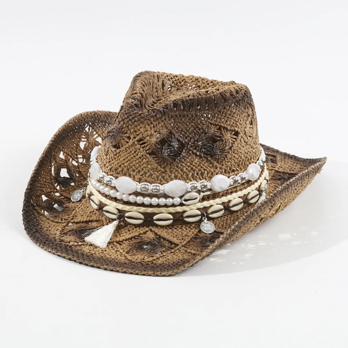 Hollow Denim Cowboy Hat with Shell Decor, Handmade Malan Flower Curved Brim Sun Cap, Outdoor Party Straw Hat Cross Border