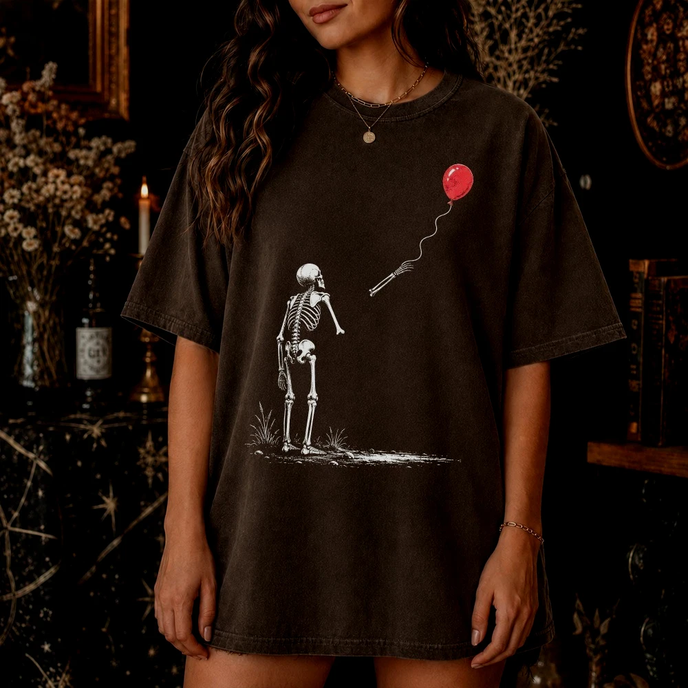 Funny Skeleton T-Shirt Floating Balloon Graphic Dark Humor Halloween Present for Friends Men's Women Casual Loose Tops Tees