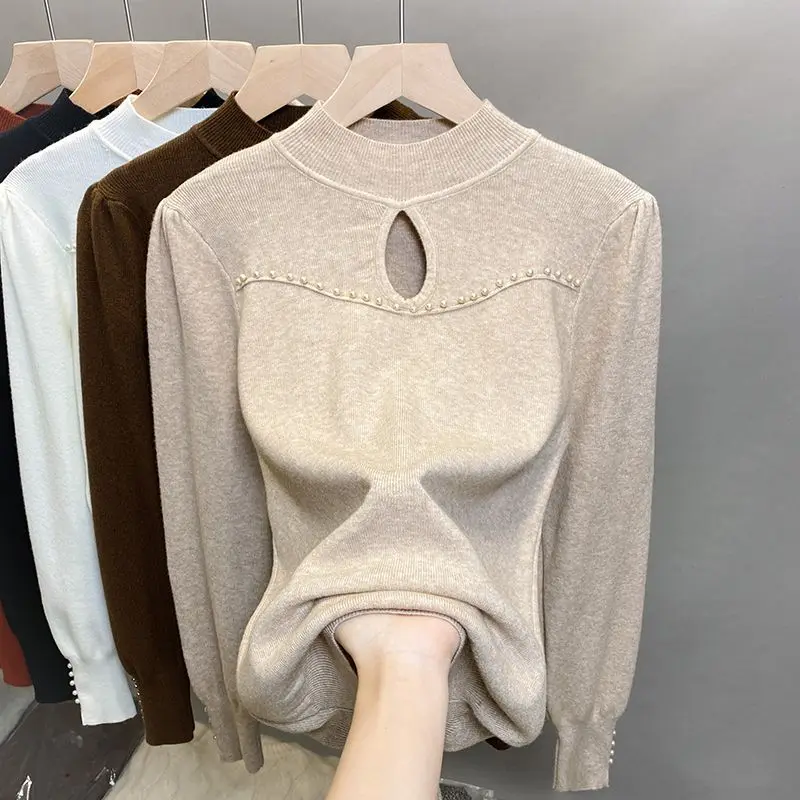 

Cashmere Blend Hollow Out Sweaters Autumn Winter Half High Neck Pullover Casual Knit Pullovers Women's Long Sleeve Warm Jumper