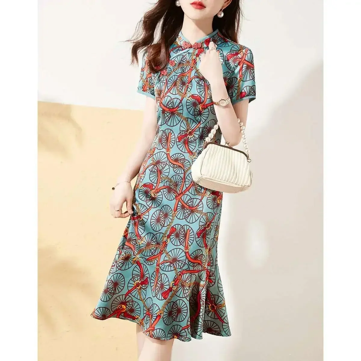 

chinese national style long slim qipao dress summer new vintage fashion print improved short sleeve cheongsam dress s456