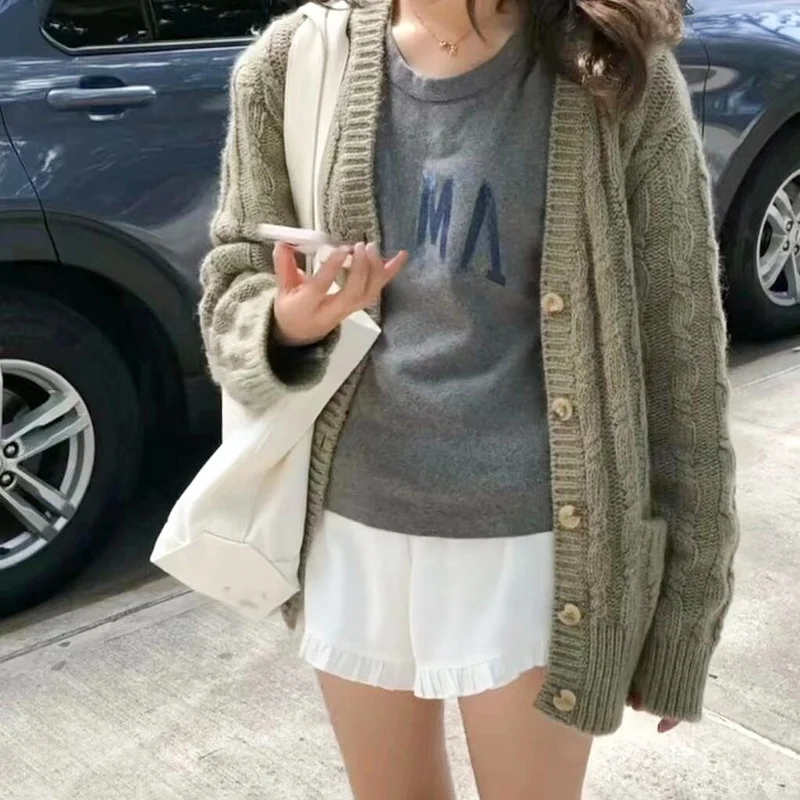 เสื้อคาร์ดิแกนถักแบบวินเทจเรียบง่าย ดีไซน์เปิด ทรงหลวม ติดกระดุม แขนยาว คอวี สำหรับผู้หญิง ทำจากผ้าขนสัตว์