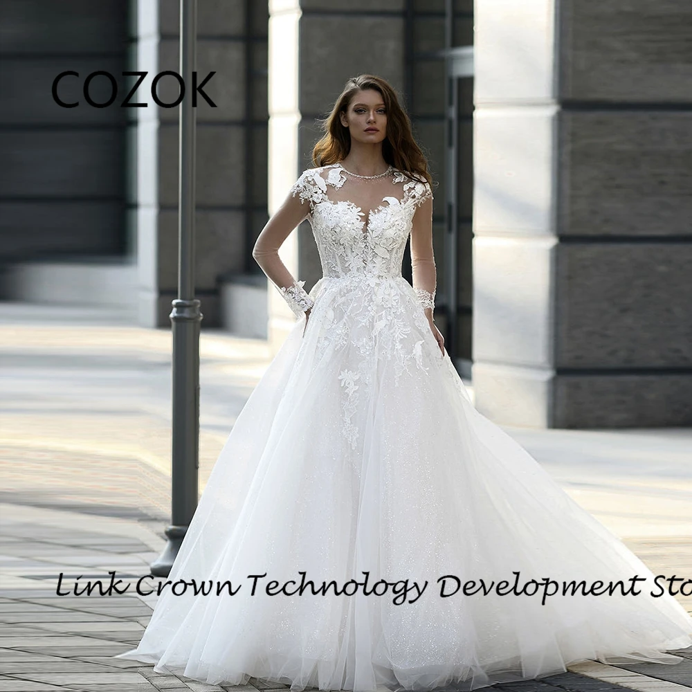 

COZOK V Neck Full Sleeve Wedding Dresses with Lace Soft Tulle Bridal Gowns for Princess 2024 Summer New Vestidos De Novia New