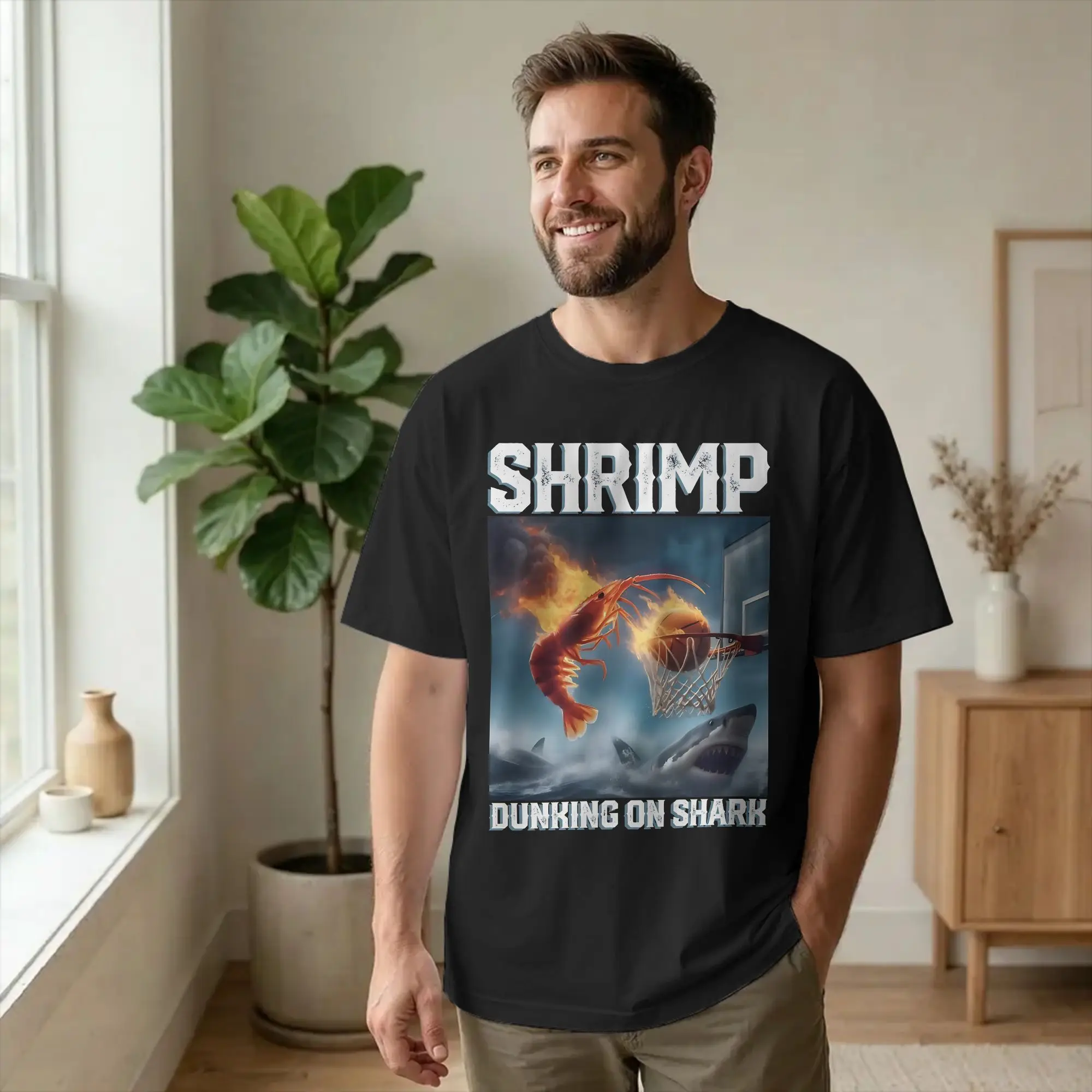 Streetwear Flaming Shrimp Slam Dunk Shark  T-Shirt Round Neck Short Sleeve Top Tee Shrimp Meme 100%Cotton Summer Tops Shirts