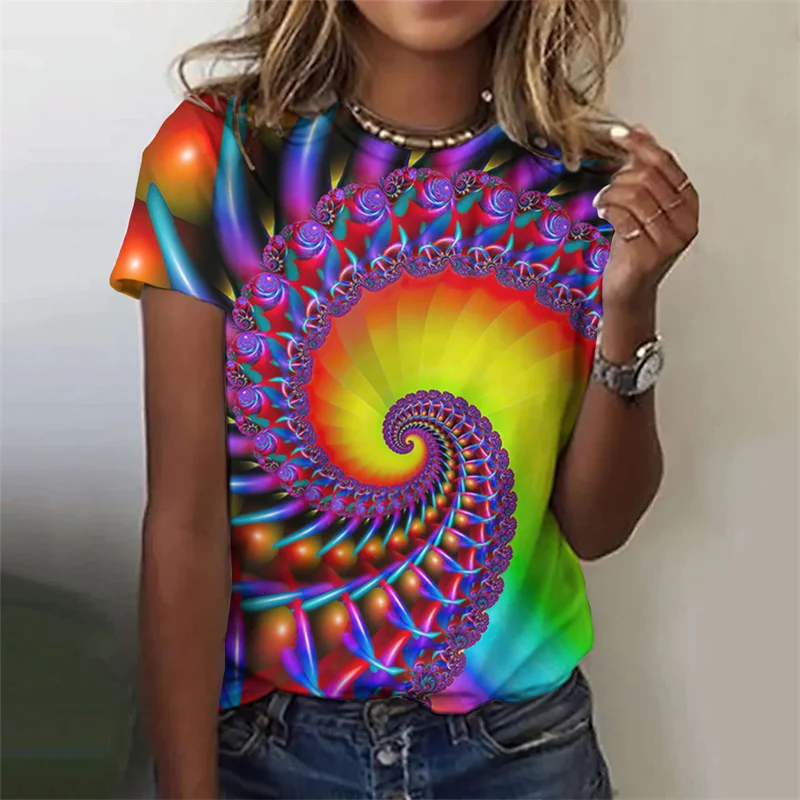 Summer New Women's Short Sleeve Top Pullover Fashion Y2K Casual Whirlpool Street 3D Flower Printed Crewneck T-Shirt XS-6XL Tees