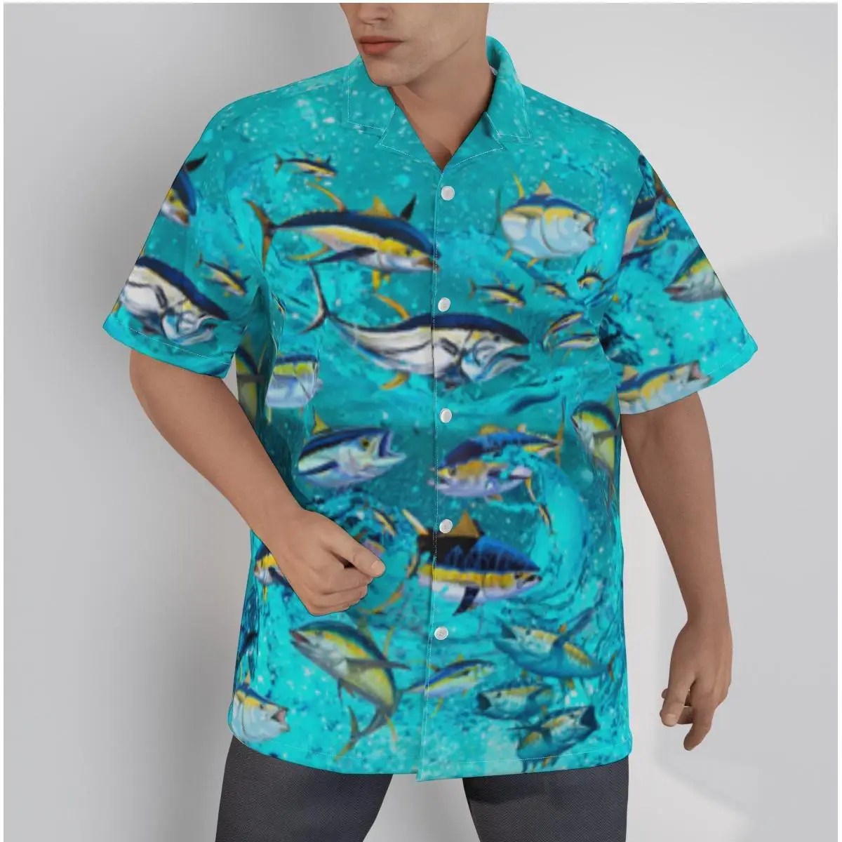 

Men's Hawaiian Shirt Tuna Print Beach Short Sleeve Summer Casual Button Up Patchwork Tops 3D Shirts