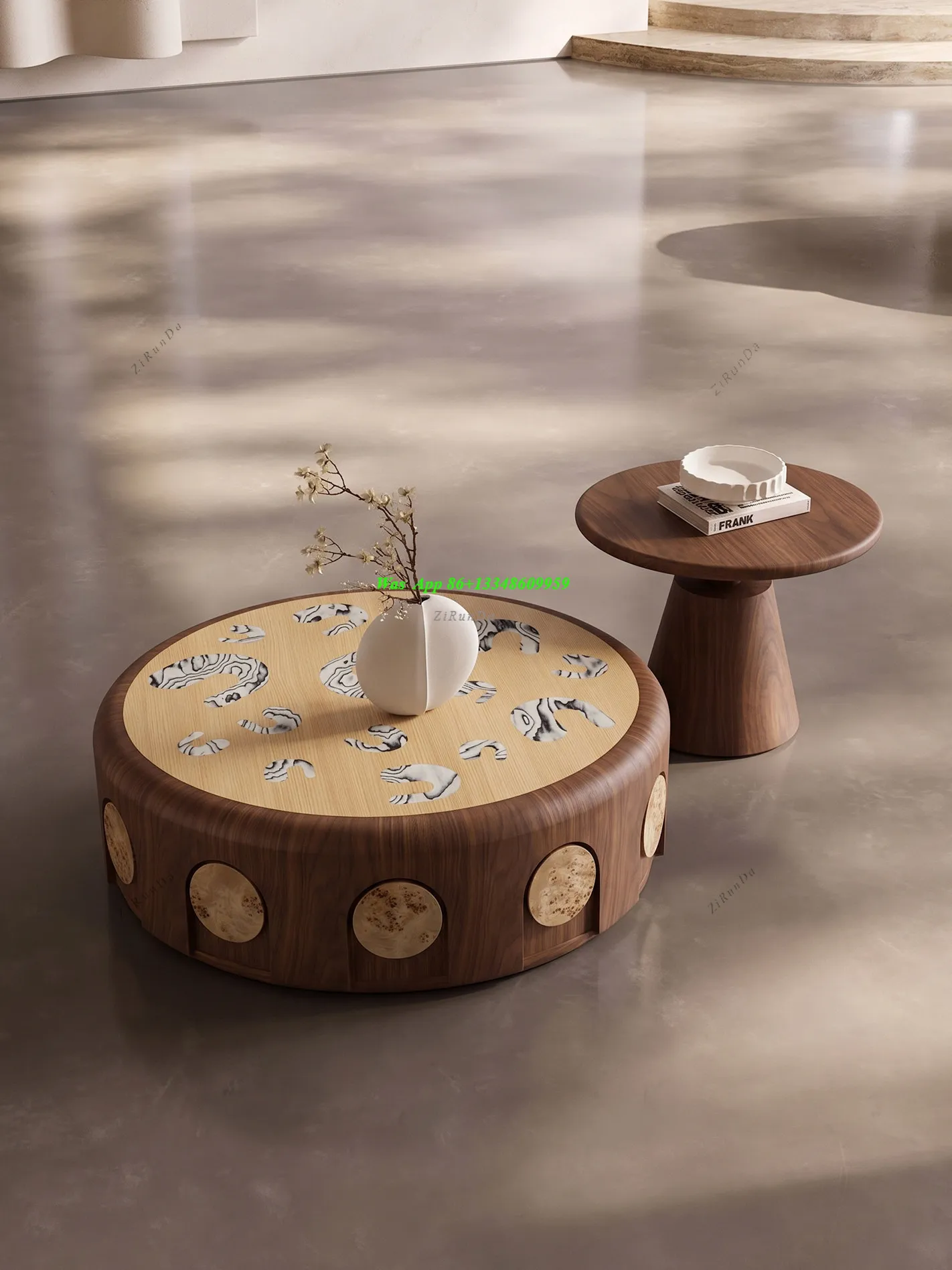 High-end Round Coffee Table Large Flat-level Villa Living Room Home Parquet Craft Walnut Pattern Creative Sofa Side Table
