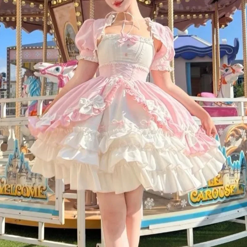 Coelho y2k arco lolita jsk vestidos conjunto lolita sakura em camadas roupa 3 peças saia sem mangas ins capa doce kawaii meninas vestido novo
