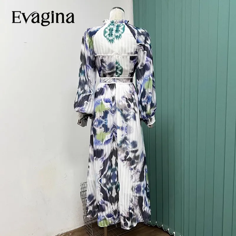 Evagina New Fashion Runway Designer Women's Stand Collar Long Sleeve High Waist Ruffle Printing Vintage Dress