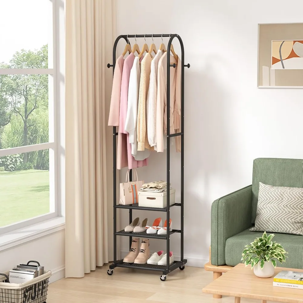 

Heavy Duty Clothing Rack With Wheels,Modern Garment Rack With 3 Metal Shelves