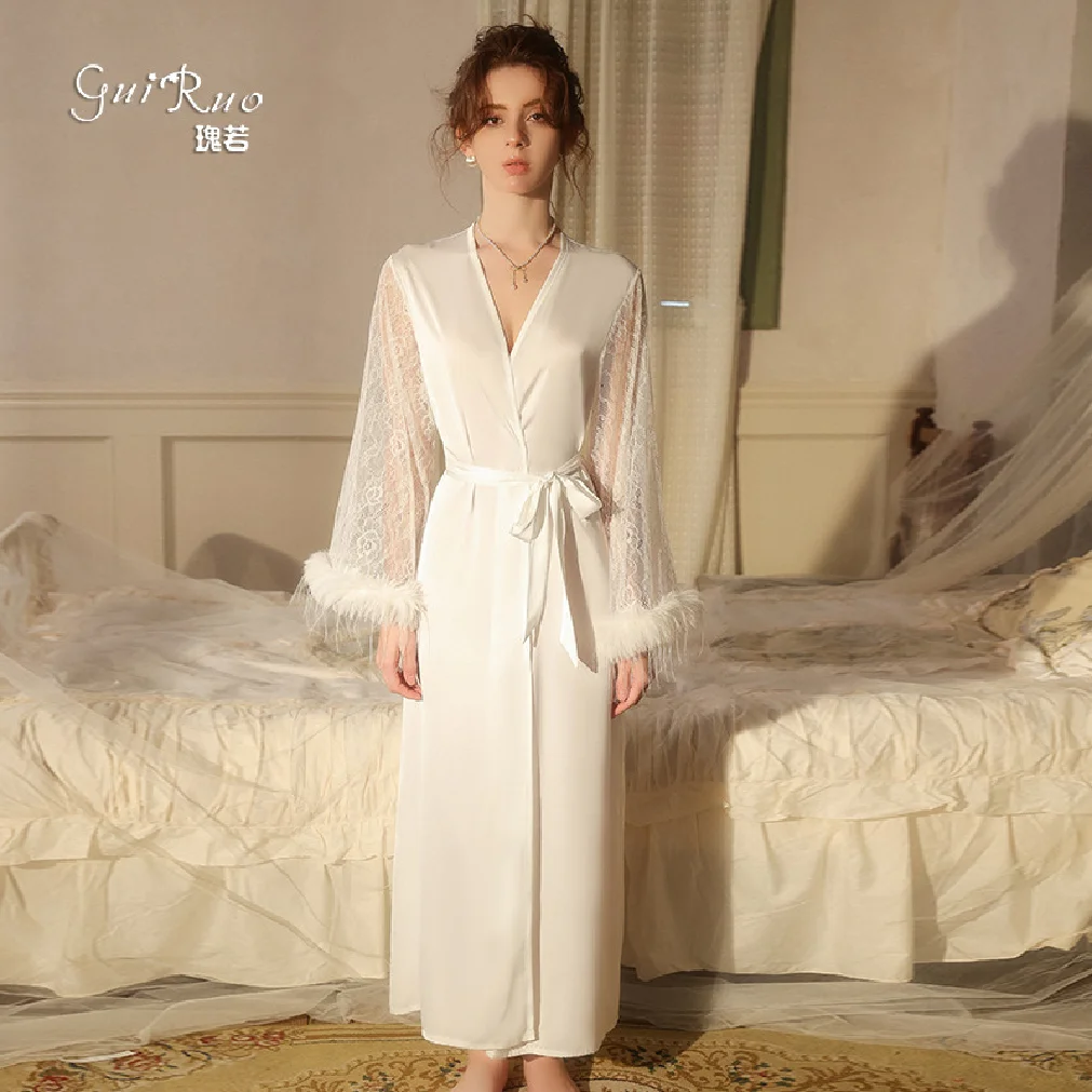 

Sweet Smooth Ice Silk Lingerie Set Sexy Waist-Cinching Open-Front Robe for Passionate Occasions