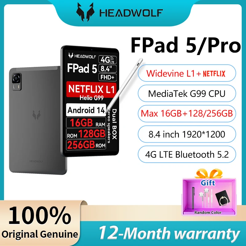 Headwolf Fpad5/Pro F5 8.4-inch FHD tablet Android 14 Netflix L1 Helio G99 Maximum 16GB RAM+128/256GB ROM Dual SIM LTE 5500mAh