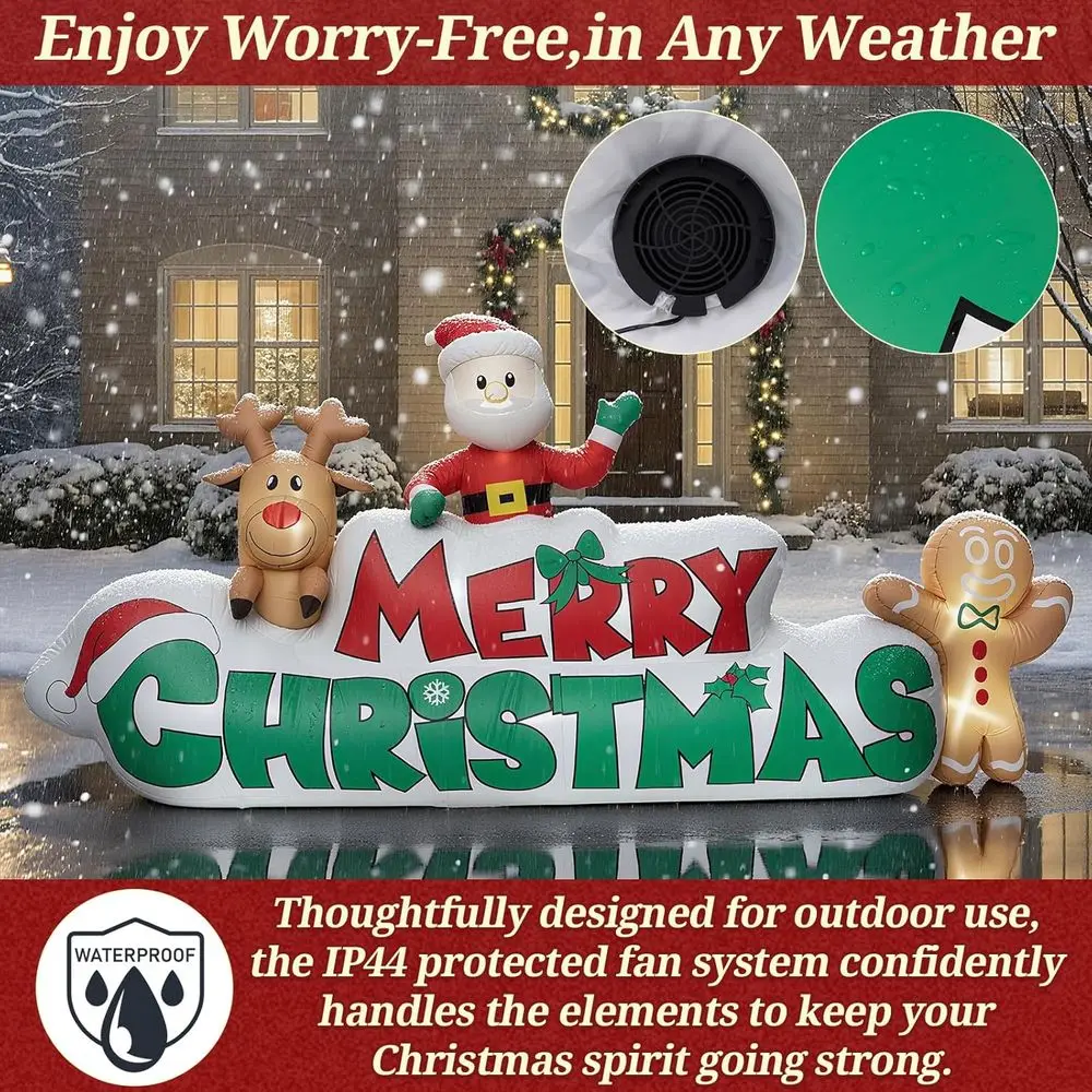 Christmas Inflatable Santa Reindeer Gingerbread Man Sign, LED Lit Outdoor Yard Garden Lawn Winter Decor