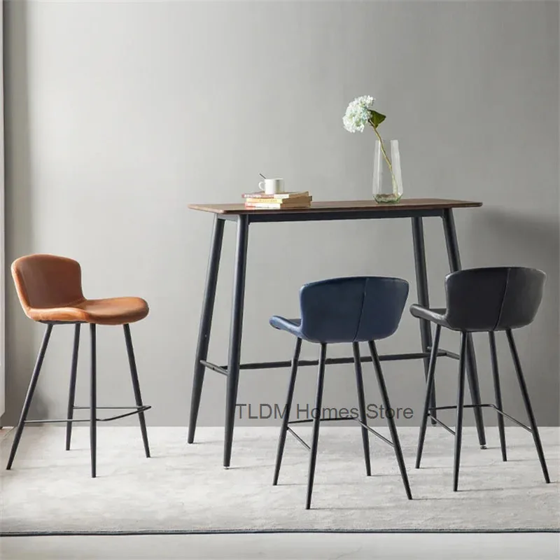 Nordic Saddle Leather Bar Chair for Bar Furniture Light Luxury Home Kitchen Dining Room Bar Stool Simple Iron Leisure High Stool