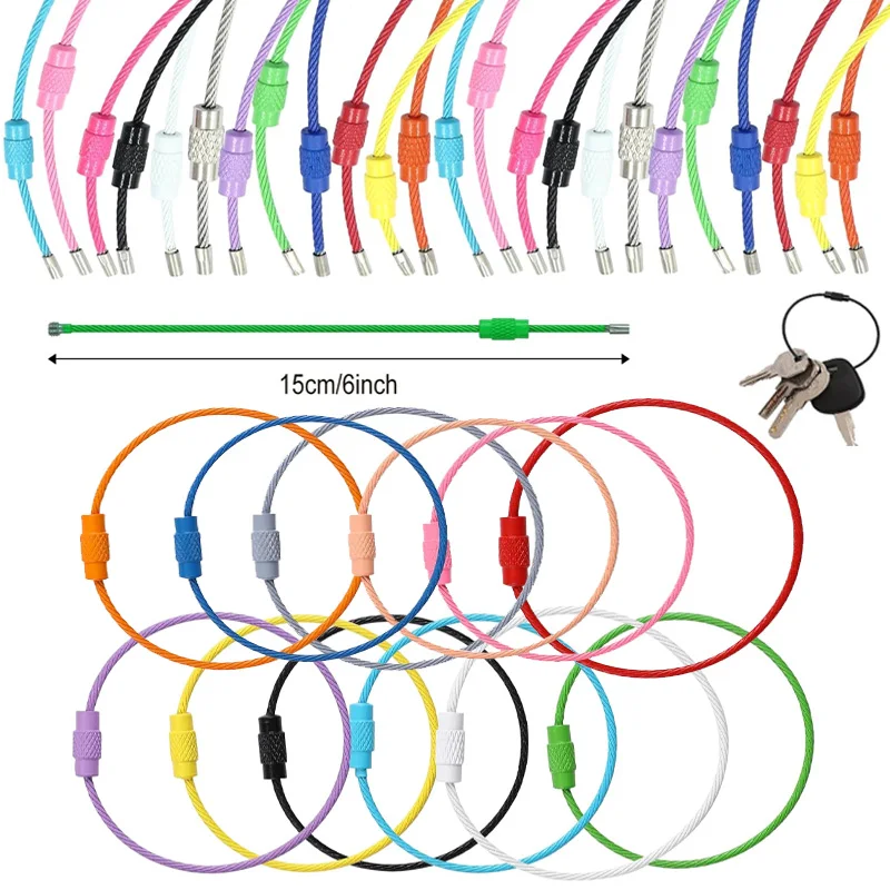 10Pack Multi Color Stainless Wire Keychain Cable 6 Inch1.5mm Stainless Steel Key Rings Loop Assorted Colored Keychain ID Tags