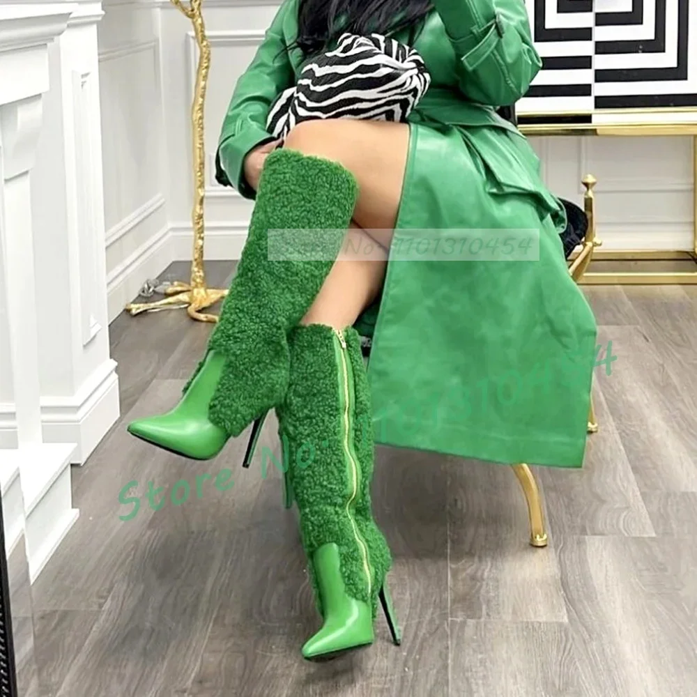 

Green Wool Leather Splicing Boots Women Stylish Pointy Toe Knee High Boots Sexy Ladies Stiletto High Heel Side-zipper Dress Shoe