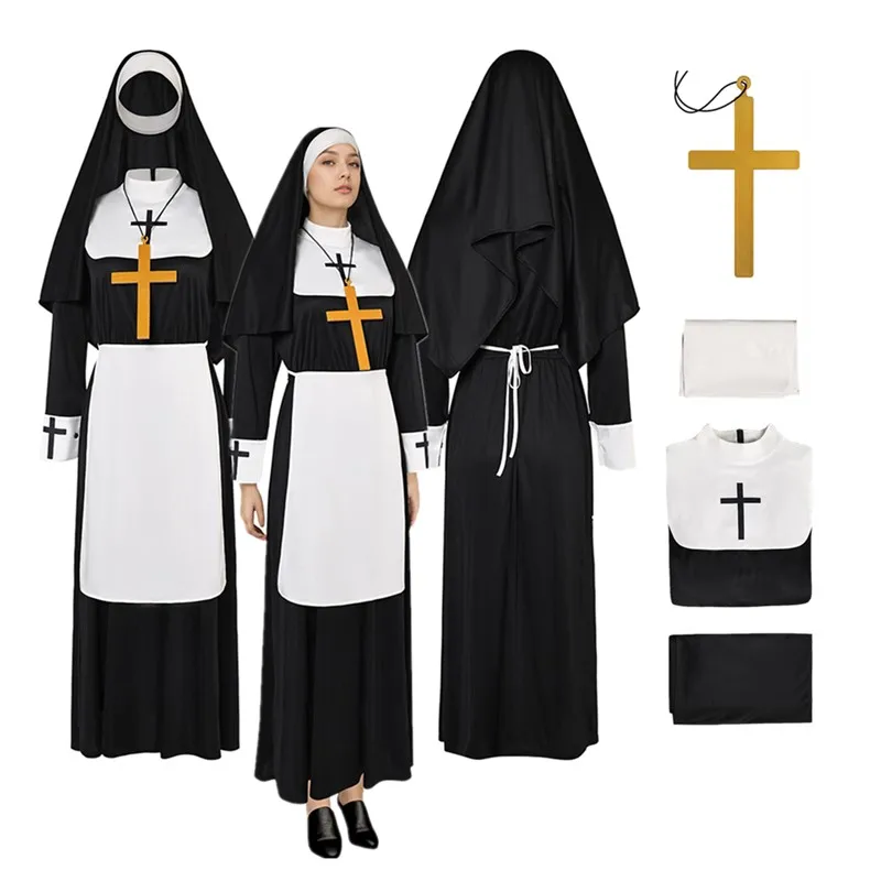 

Nun Cosplay Dress Costume Adult Women Retro Medieval Roleplay Hat Necklace Outfits Halloween Carnival Party Fantasia Suit