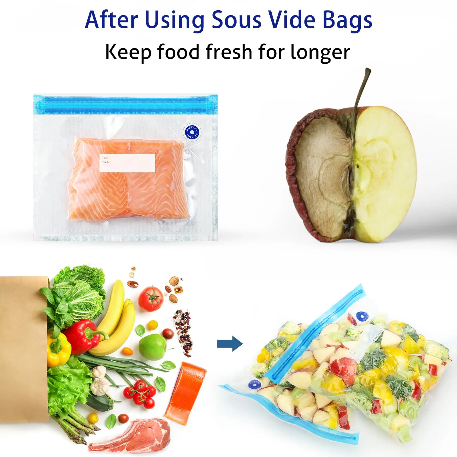 Sous Vide Bags, Reusable BPA Free Vacuum Sealer Bags  Vacuum Food Storage Bags for Cooking/Food Storage/Microwave Heating