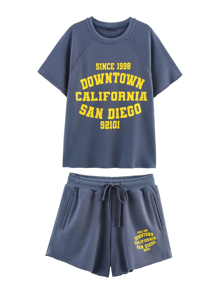 

Новая женская мода в европейском стиле, универсальная футболка с короткими рукавами и шортами с принтом, костюм