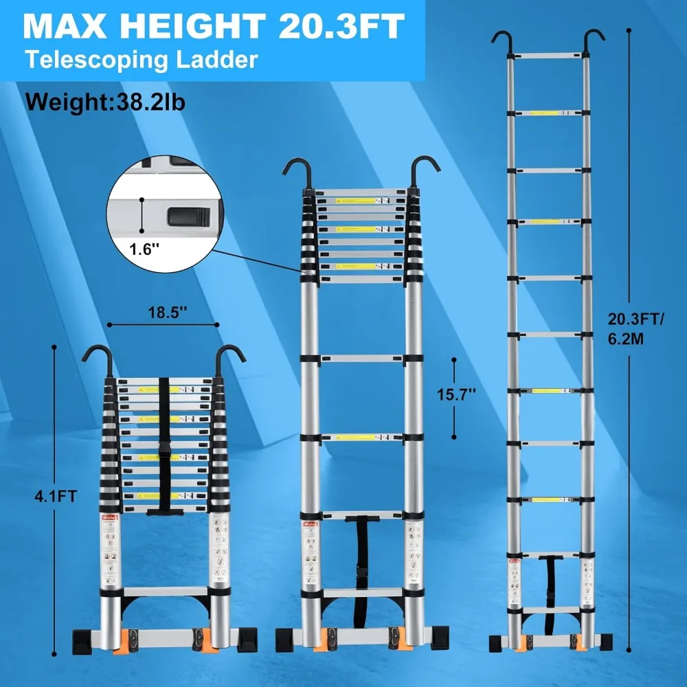 Escalera telescópica de aluminio, escalera de extensión portátil de 20,3 pies con ganchos, estabilizadores y ruedas, alta resistencia, capacidad máxima de 330lbs