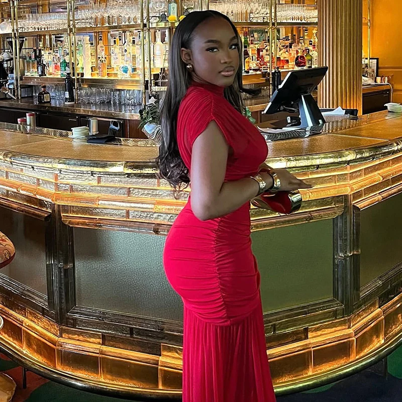 Abito lungo aderente con volant increspato patchwork trasparente sexy da donna anche discoteca celebrità senza maniche o-collo tubino abito da ballo di fine anno