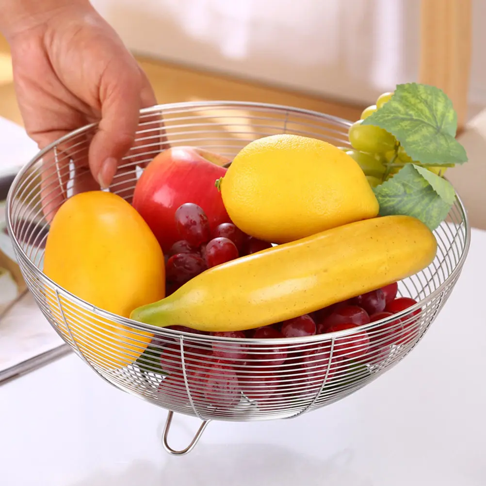 Large Stainless Steel Fruit & Vegetable Basket – 22cm Round 3-Legged Drain Strainer Bowl, Rust-Resistant Kitchen Tool