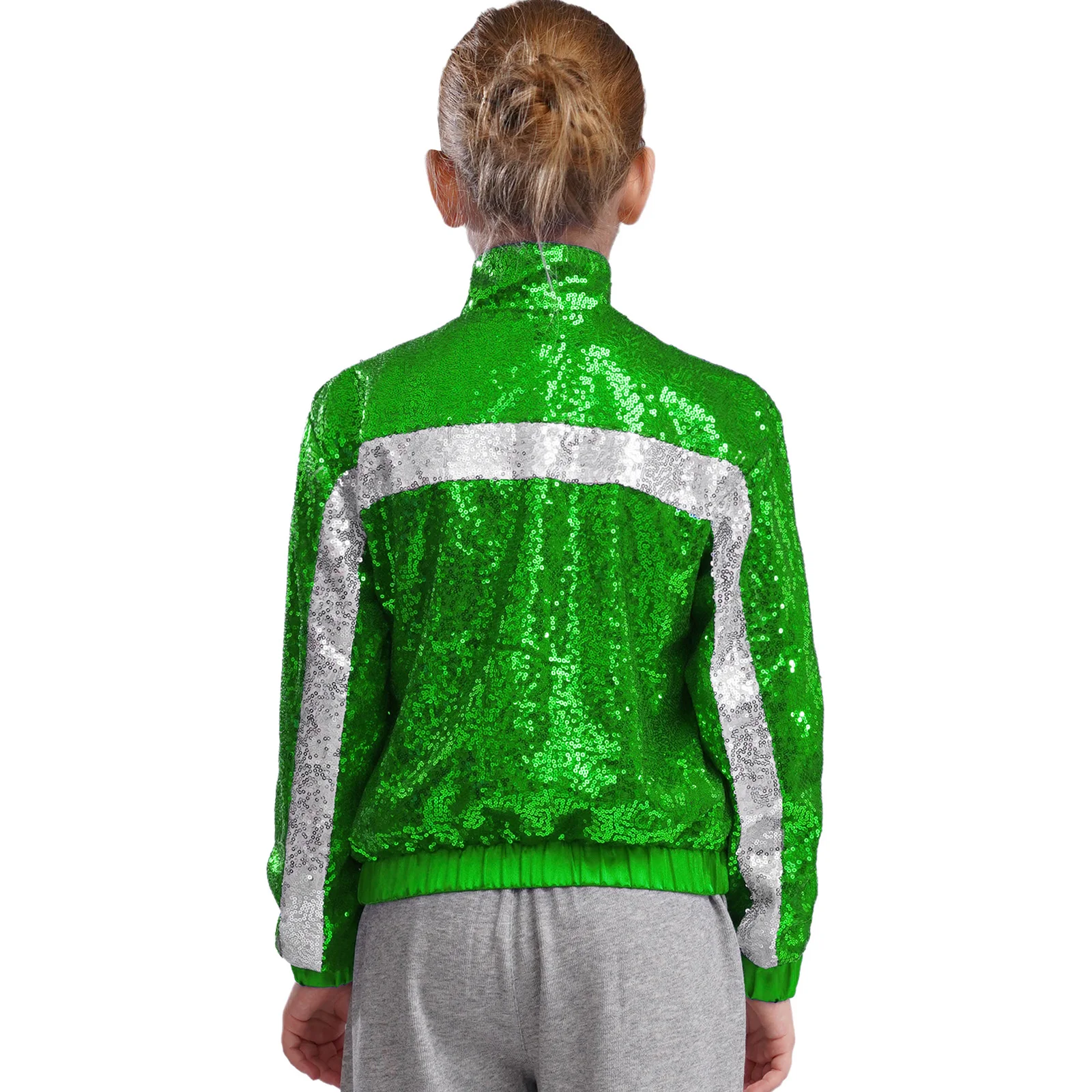 Kids Girls Long Sleeve Sequins Baseball Jacket Coat School Party Hip Hop Jazz Street Dance Stage Performance Costume Sportswear