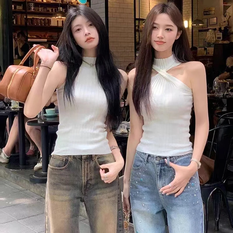 Halter Twist Vest Tee Women Sexy Strapless Chic Knitted High Street Sweater Fashion Harajuku Elegant Slim Elastic Female Tank