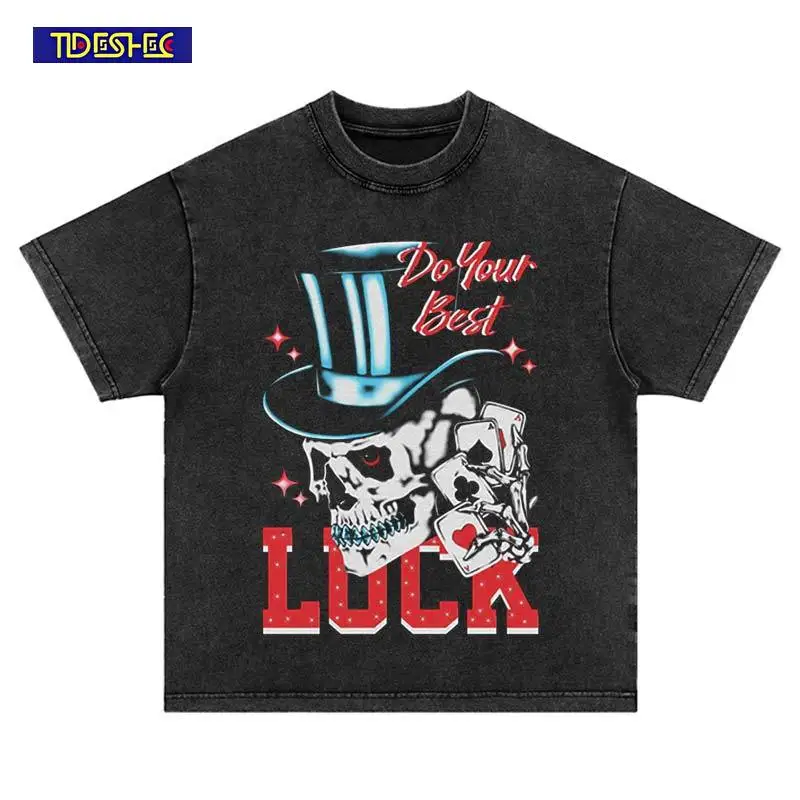 Summer Streetwear Vintage Punk Playing Cards Skull Print T-Shirt Hip Hop Washed Oversized Fashion Harajuku Leisure Cotton Tshirt