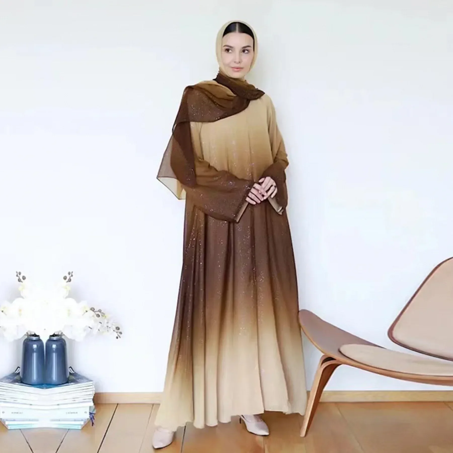 Ombre Gradient Glitter Chiffon Open Abaya Dress with Matching Hijab Islamic Clothing for Muslim Women Abayas Dubai Luxury Kimono