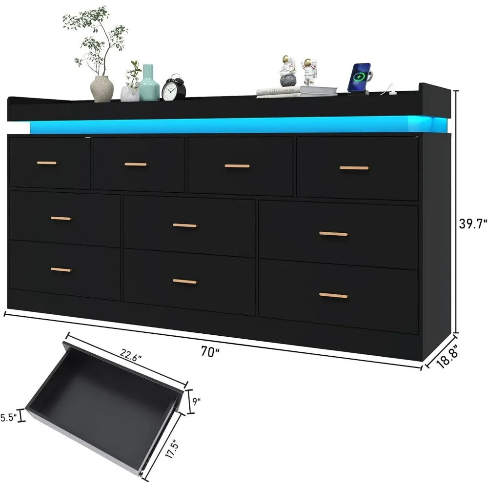 10 Drawer Dresser with LED Light and Charging Station, Modern Chest of Drawers for Closet, Wide Drawer Organizer Cabinet