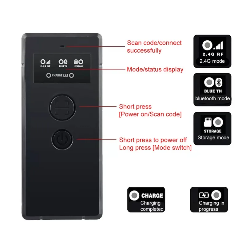 Tragbarer Handscanner 1D/2D-Code Handheld-Barcode-Scanner USB 2.4G-Verbindung Bluetooth Mini Wireless Portable Scanner