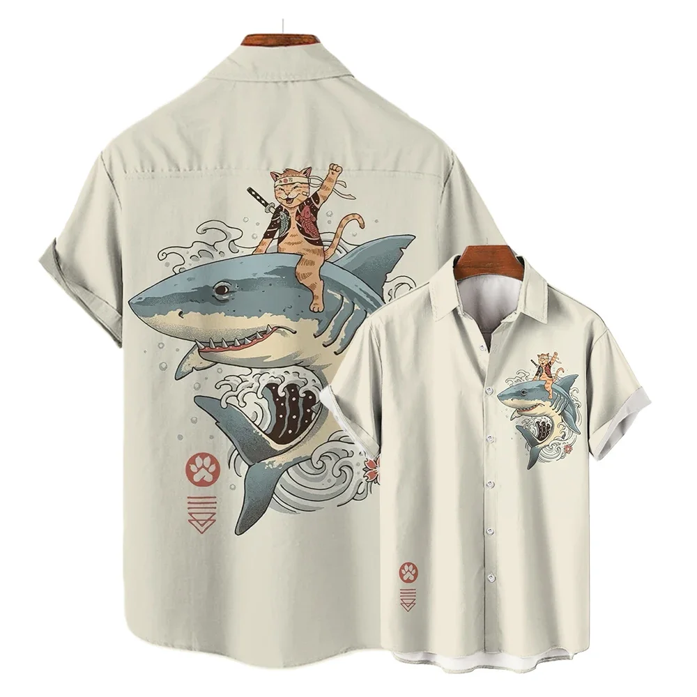 

Men's short sleeve shirts fashion new style cat button lapel shirt street outdoor men european size hot sale 2025