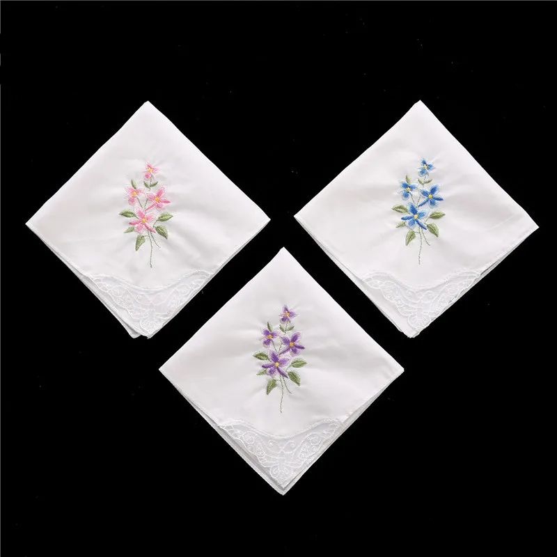 3Pcs 28x28cm Butterfly Lace Flower Embroidered 100% Cotton White Color Women Handkerchiefs Wedding Party Gift