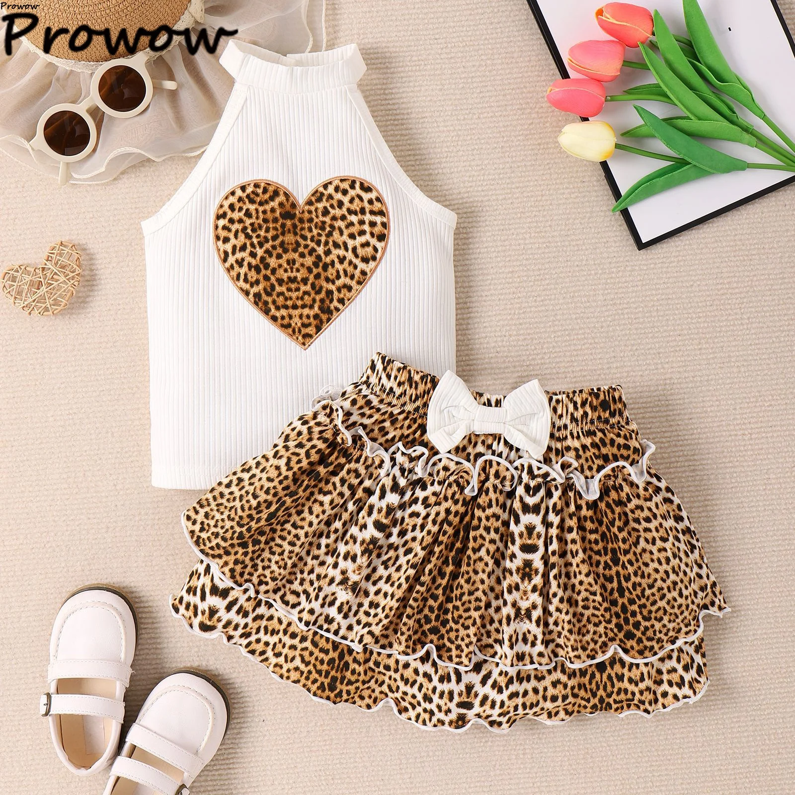 4-7Y Kids Clothes Girls Outfit Sets Halter Heart Tank Top and Leopard Cake Skirts Fashion 2pcs Summer Set For Girls Children