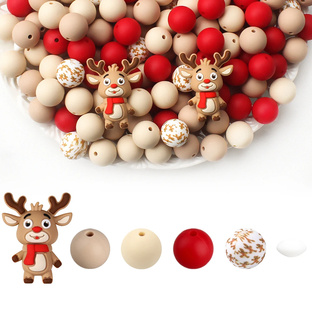 30pcs Christmas Themed 3D Silicone Beads Set Elk Gingerbread Christmas Silicone Focal Beads for DIY Jewelry Pen Beaded Making