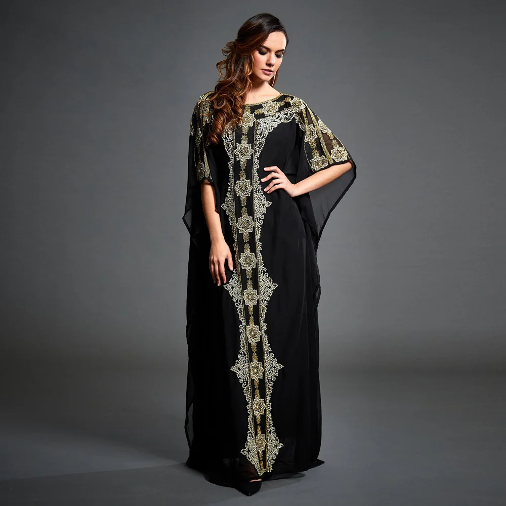 2024 Black Gold Color Breath Women's Middle Eastern Gold Print Pattern Muslim Round Neck Robe Holiday Skirt Chiffon Print Dress