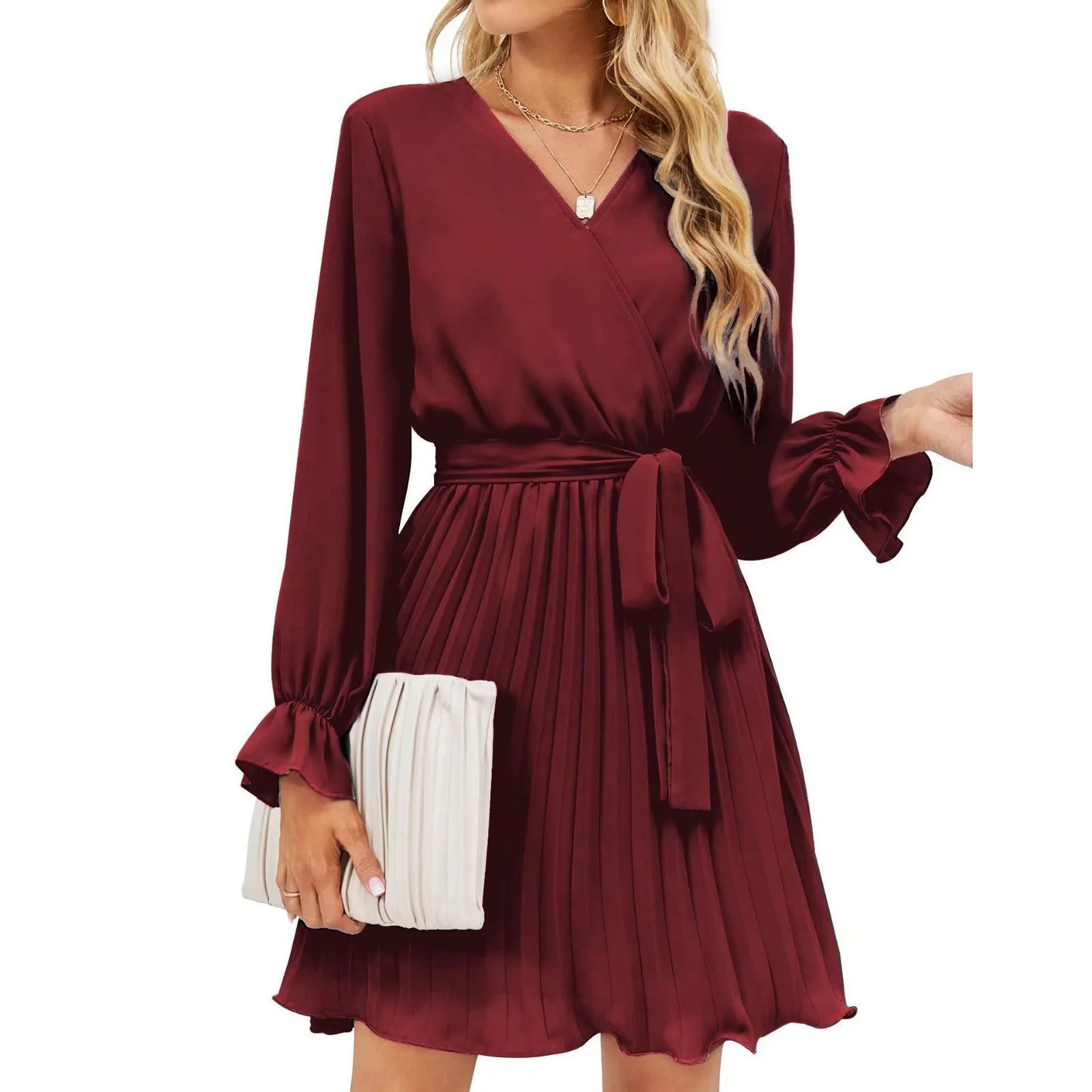

2025 Fall Fashion Burgundy V-neck Long Sleeve Belted Pleated Casual Autumn Dress Long Dresses for Women Flowy Daily Outfit