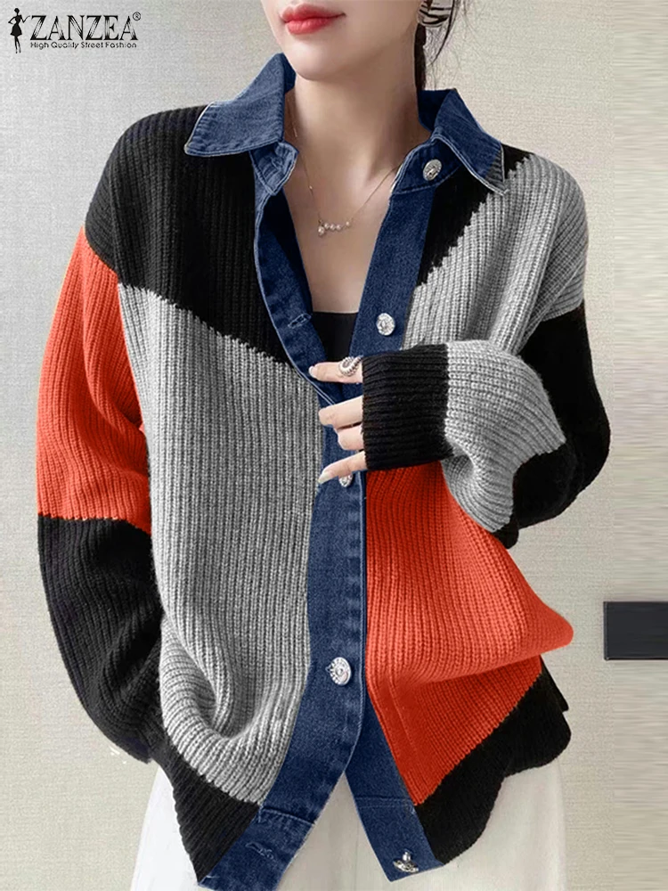 ZANZEA Ribbed Knit Long Sleeve Chemise Turn-down Collar Spring Casual Streetwear Cardigans Color-Blocked Patchwork Women Shirts