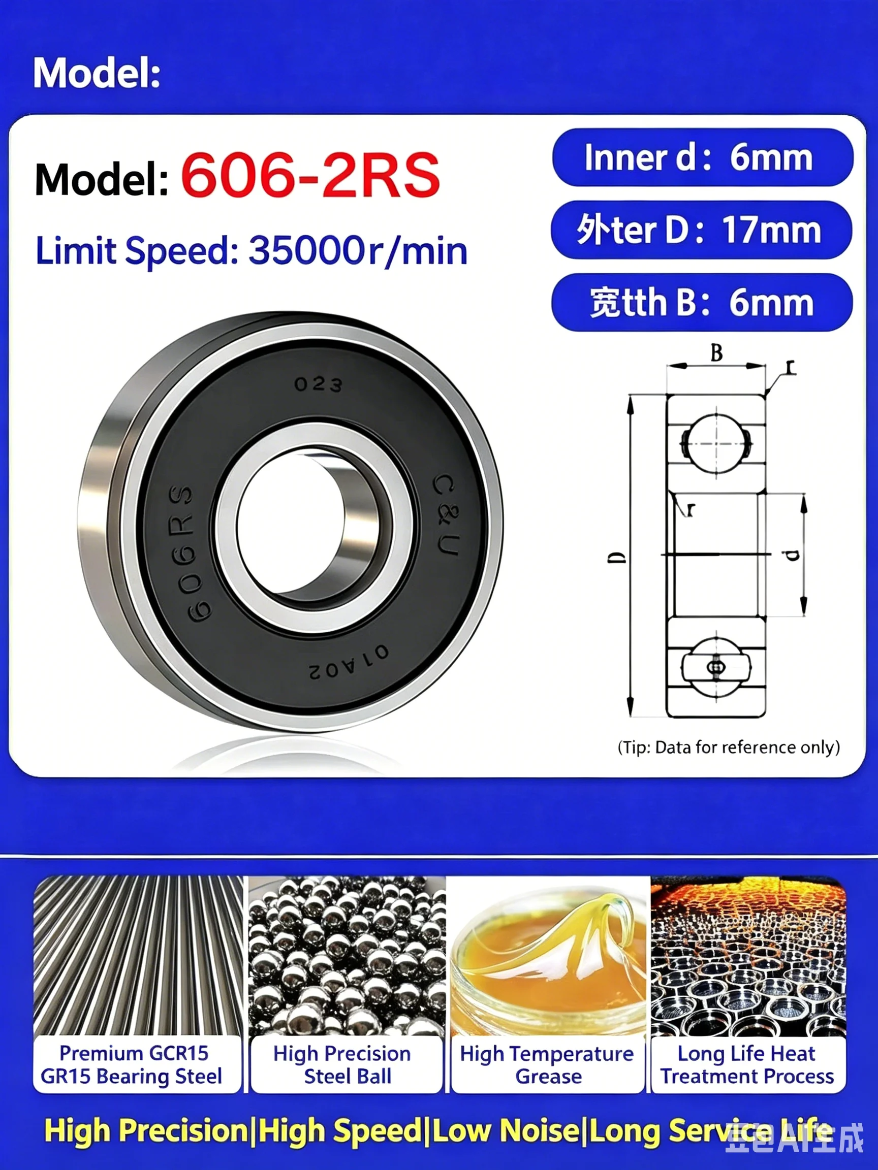China Brand Humanistic Bearing, Genuine, Model 606 607 608 609 625 626 627 628 629 686 687 688 689 693 694 695 696 697 698 ZZ/RS