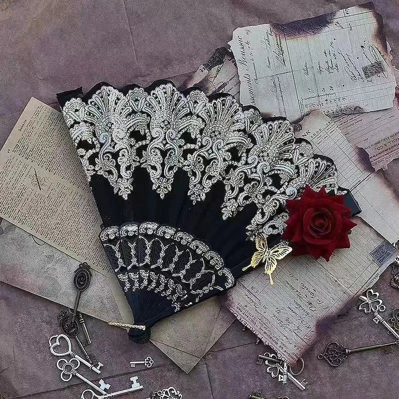 

Lolita Gothic Decorative Fans Lace Hand Fan Vintage Victorian Female Feather Dance Folding Hand Fan Home Decoration