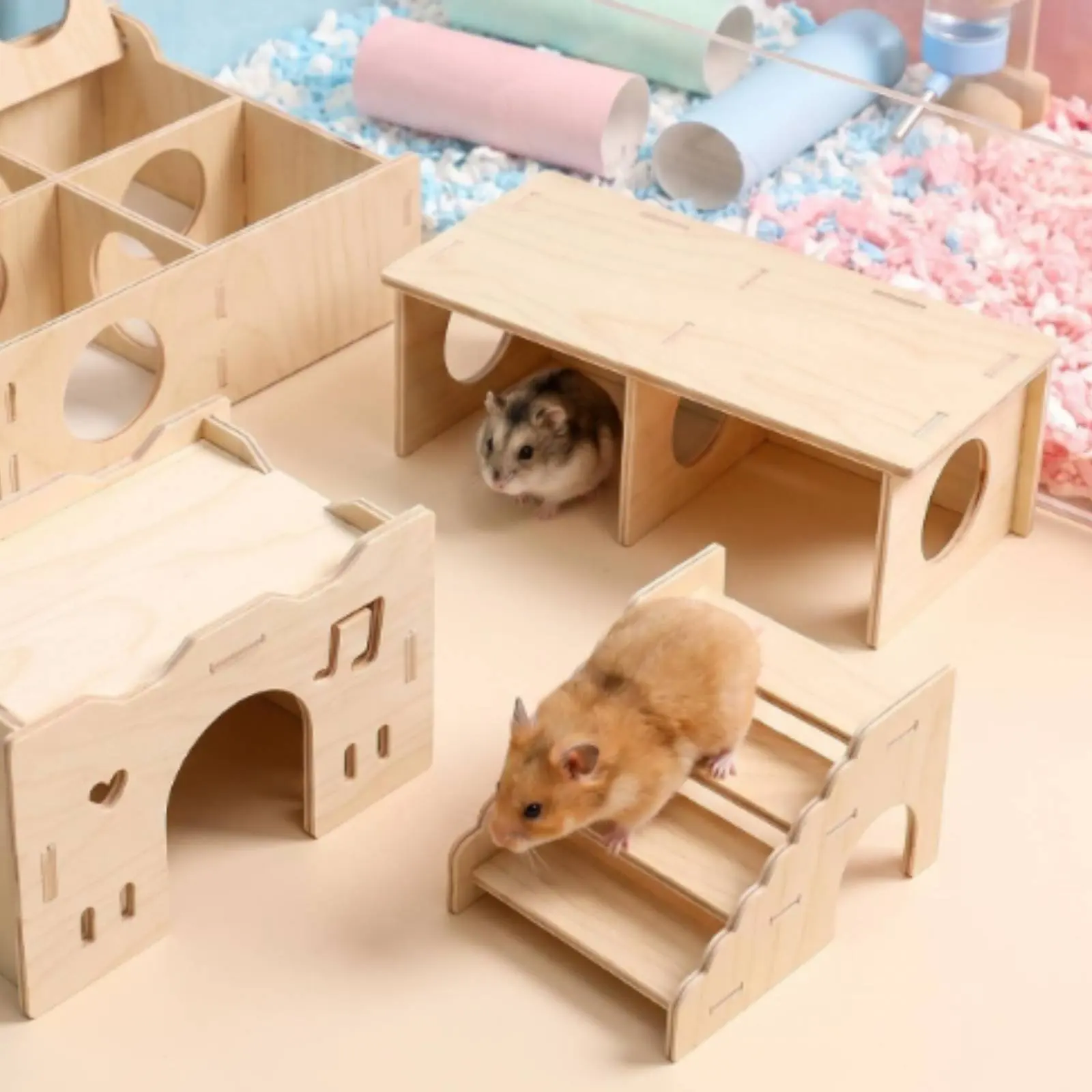

Hamster House Decorative Wooden Hamster House Wooden Villa Hideout Multi-Level Small Pet Shelter Polished Edges for Play