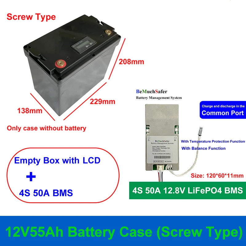 12V 55Ah obudowa baterii rodzaj śruby 4S 50A BMS z wagą do LiFePO4 baterii słonecznej System magazynowania energii 12V5 5Ah puste pudełko 4S50A