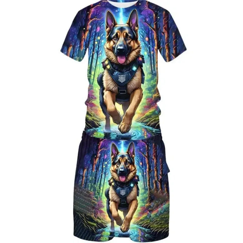 Letni zestaw sportowy z nadrukiem 3D na rok 2025, męski i damski, uroczy zestaw z koszulką i szortami z motywem psa, 2-częściowy zestaw.