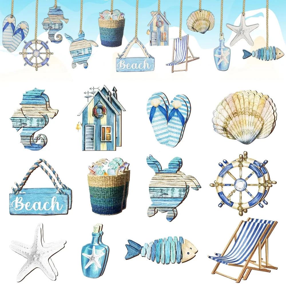 24 Uds. De adornos colgantes de madera, recortes de animales marinos de playa, decoraciones para árboles de playa y océano para Navidad, suministros de decoración DIY para fiesta en casa