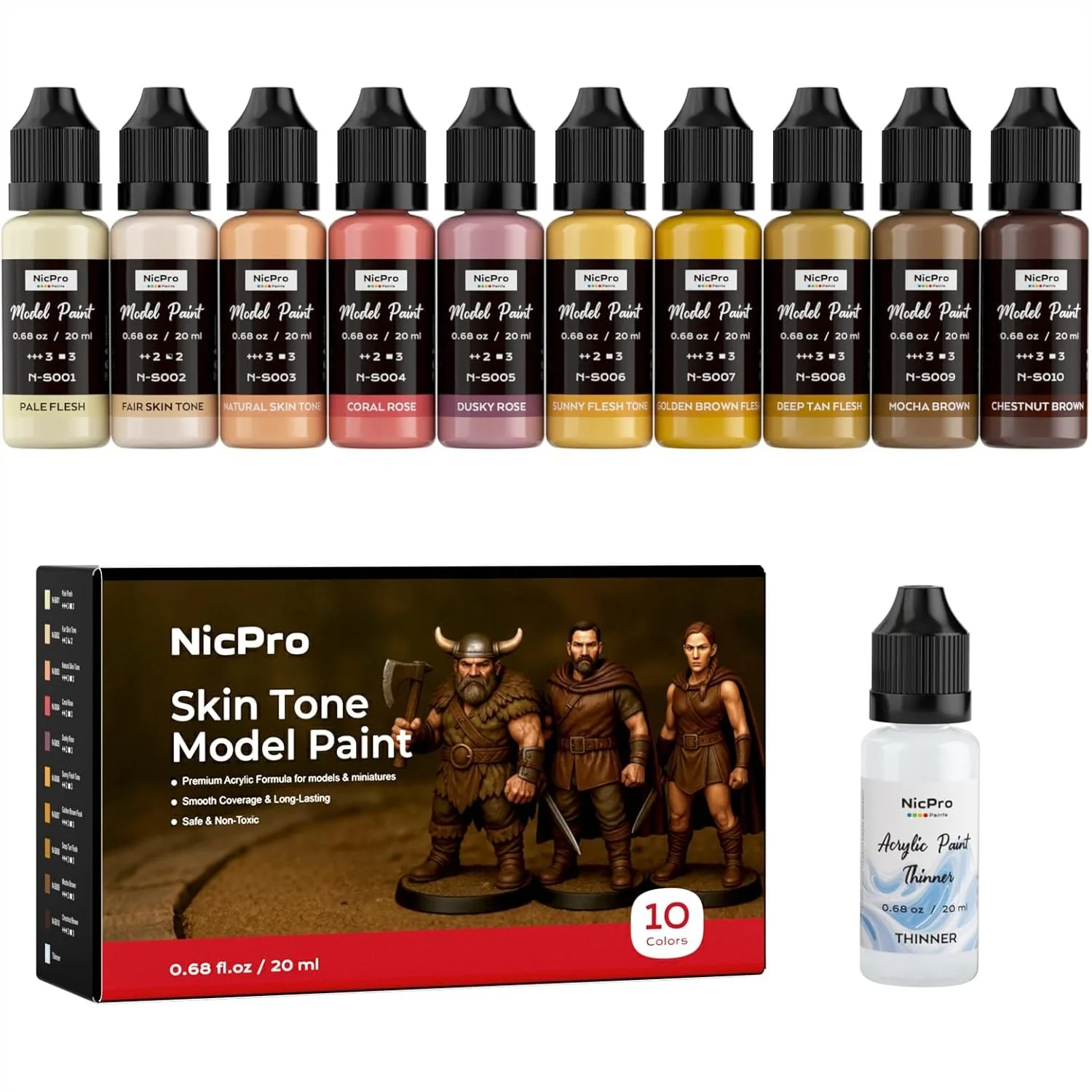 

10 Colors Face & Skin Tones Model Paint Set, 20ml Ready to Use Acrylic Paints for Miniatures, Figures, Busts with Thinner