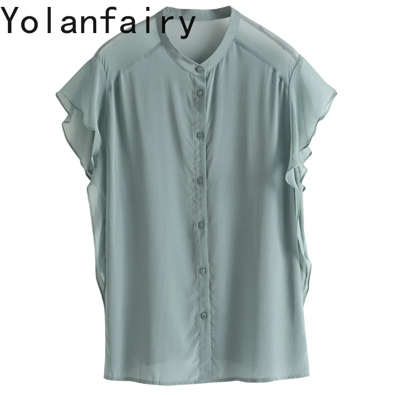 

YOLANFAIRY 100% Real Mulberry Silk Shirt for Woman Sweet Ruffled Short-sleeved Top Summer 2025 Elegant Silk Blouse Shirts Dames