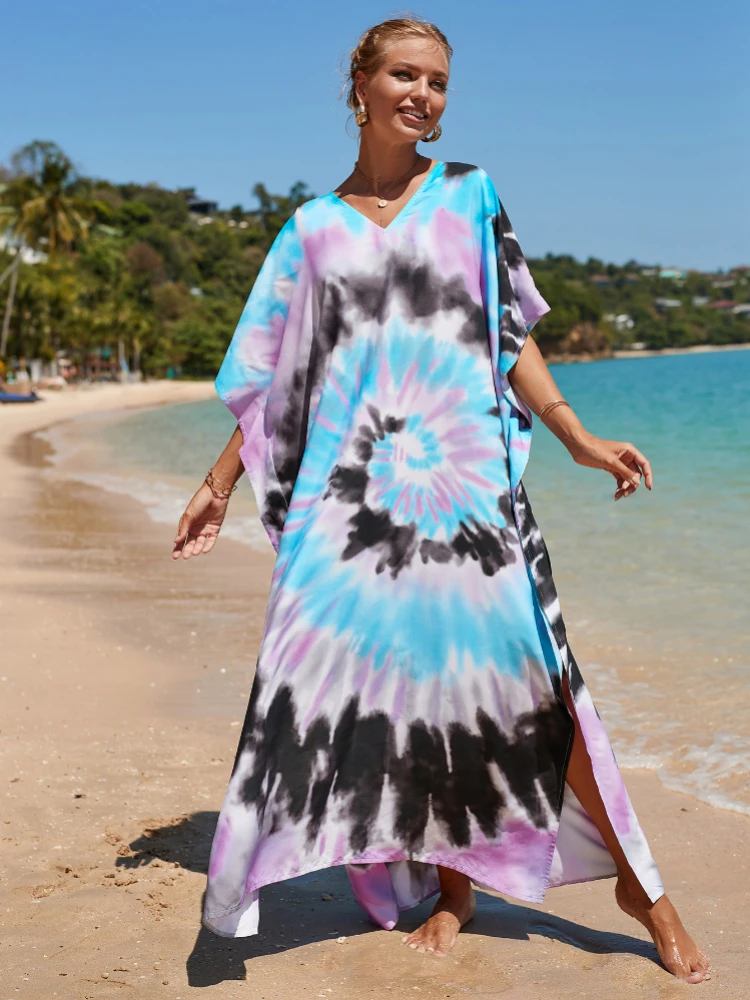 Abiti caftano copricostume da spiaggia donna Bohemian Maxi Robe stampato Tie Dye Rayon Summer Holiday costumi da bagno Dropshipping vendita calda